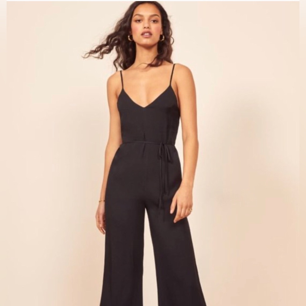 REFORMATION Satin Jumpsuit Halter Racer T Strap Backless Relaxed Crop Leg Black